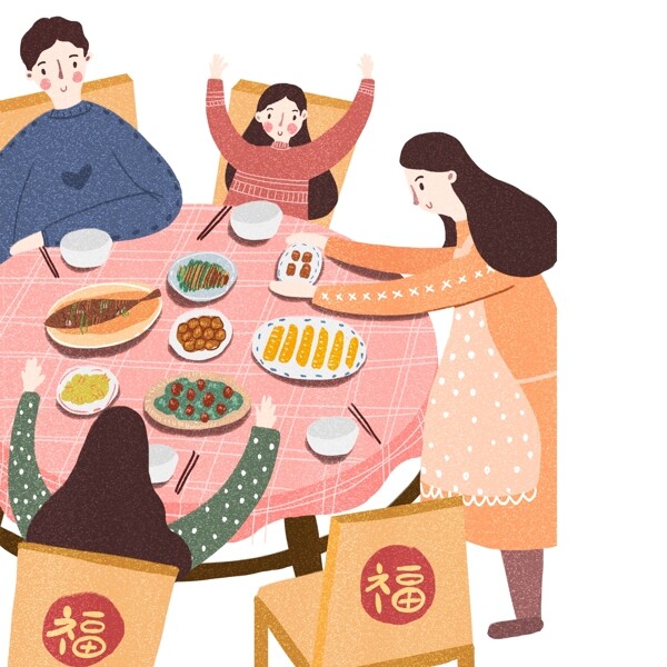 卡通吃饭的家人人物设计