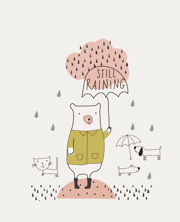下雨天卡通动物打伞