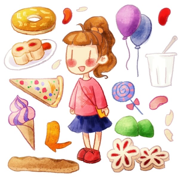手绘可爱女孩美食气球甜甜圈披萨冰淇淋
