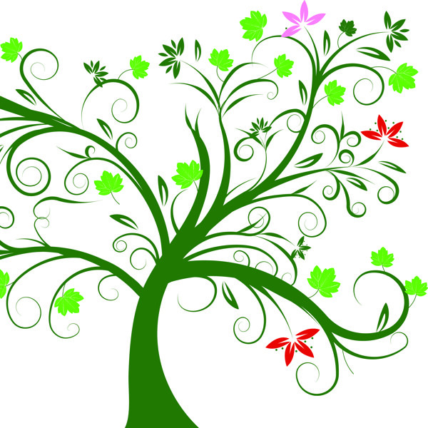 手绘绿色树花装饰画