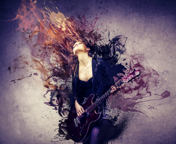 梦幻烟雾与弹吉他的美女图片