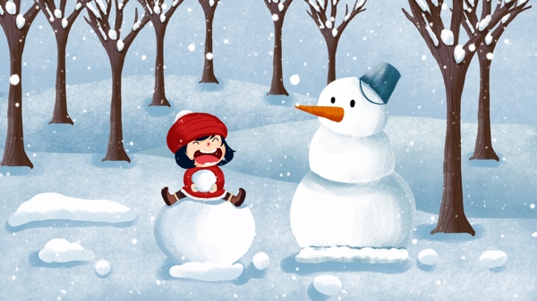 大雪中女孩和她的雪人