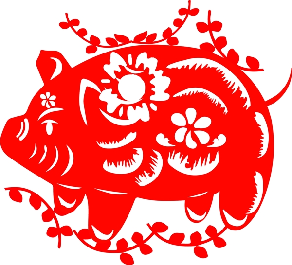 春节装饰剪纸猪红色