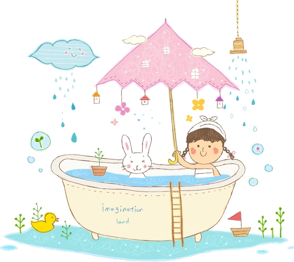 女孩与兔子在浴缸洗澡图片