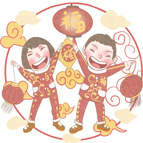 小孩大笑红色套装代表春节