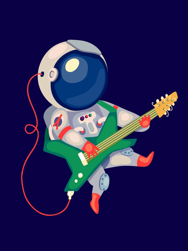 太空服弹吉他蓝色手绘插画AI文件