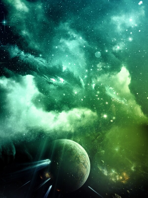 深绿色创意宇宙科技感云彩分层宇宙背景素材