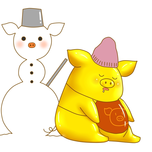 新年里在雪人旁边睡着的大金猪
