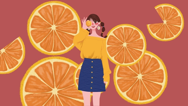 水果橙色衣服的女孩早安系列插图