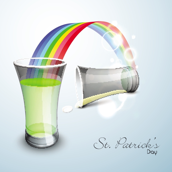 快乐的圣巴特里克节的概念与在有光泽的灰色背景彩虹玻璃啤酒