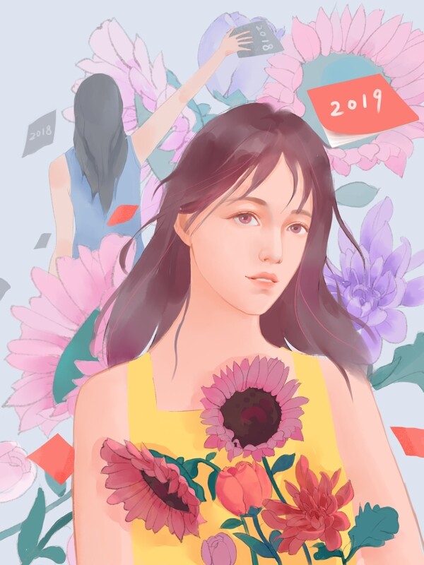 唯美少女2019你好2018再见插画