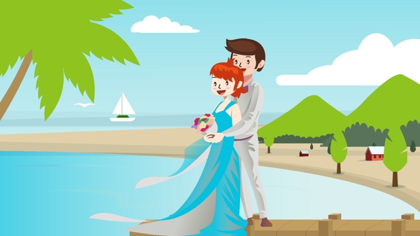结婚卡通人物海滩背景