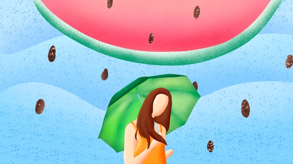 夏凉节原创小清新西瓜雨下打伞的少女插画