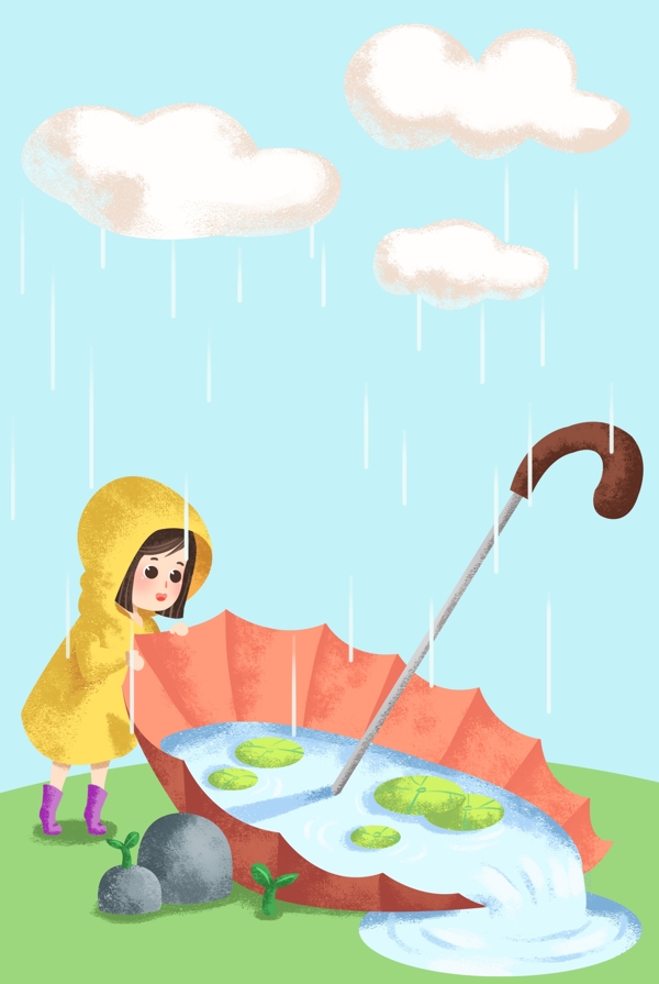 谷雨节气可爱小女孩和雨伞卡通背景