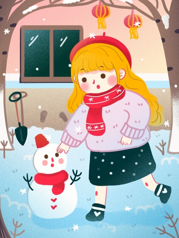 冬天你好新年治愈系扁平在院子里堆雪人女孩