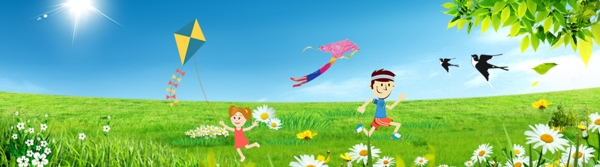 草地小孩放风筝玩耍背景图片