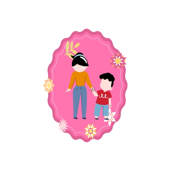 卡通风粉红背景母亲与儿子元素