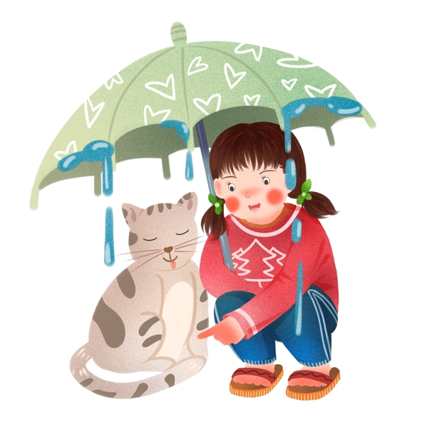 雨伞下的女孩和小猫免抠元素