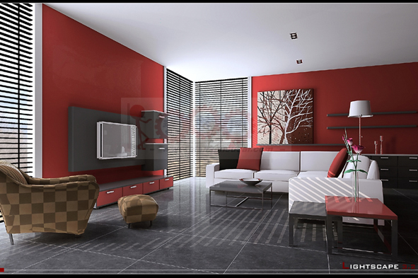 红色背景墙客厅装修设计3Dmax模型