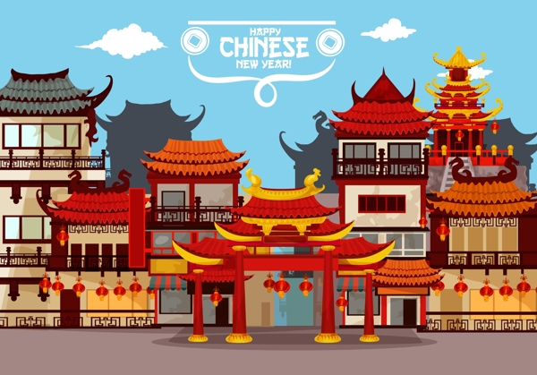 中国风传统建筑插画