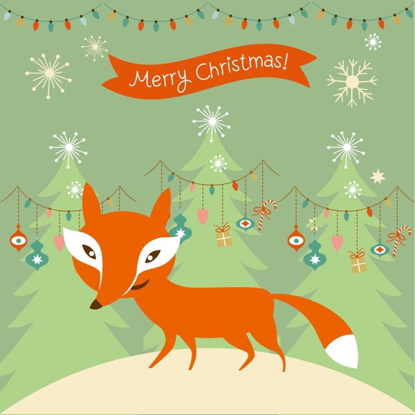 北欧复古圣诞卡通小狐狸海报