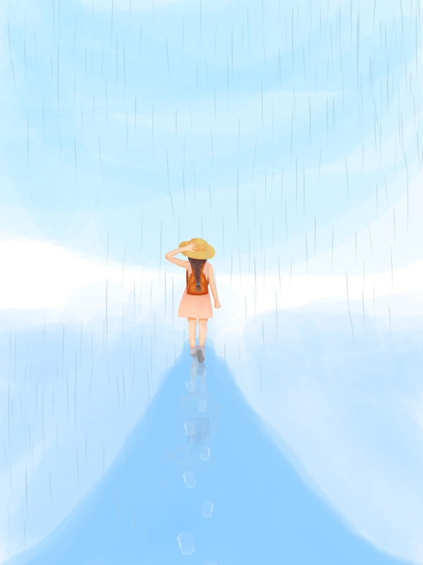 春季女孩独走在雨水中背景
