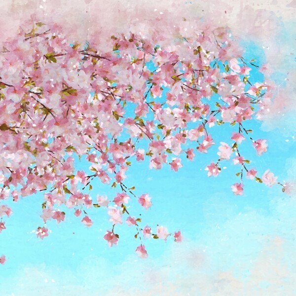 水彩春季蓝天下的樱花