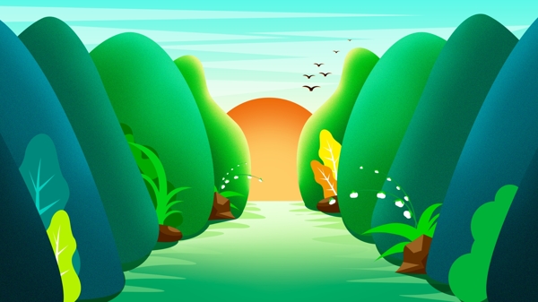 绿色树林道路太阳飞鸟卡通背景