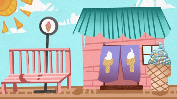 简约长椅冰淇淋小屋背景素材