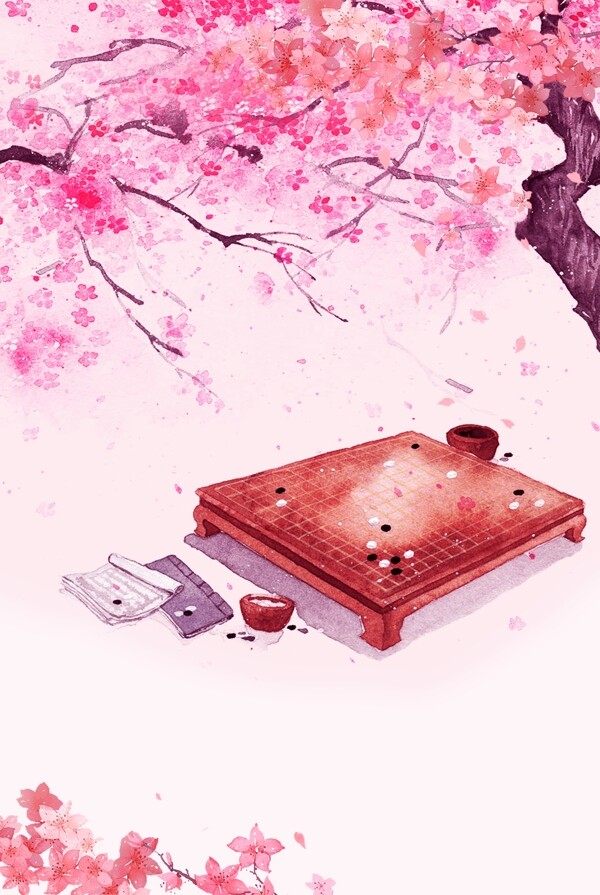 桃花树下棋盘背景