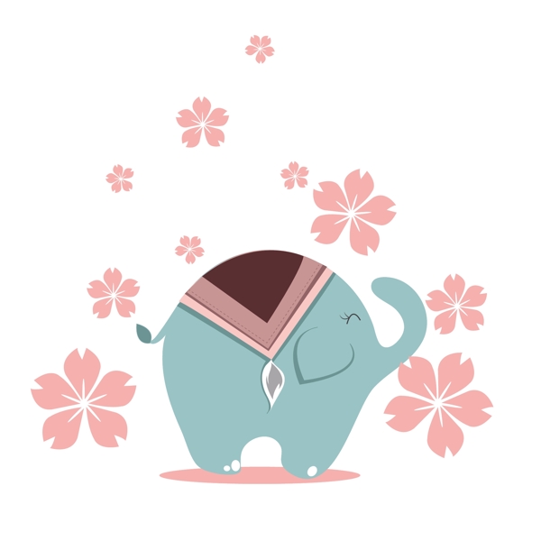 大象蓝色可爱的粉色花朵