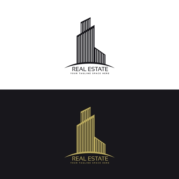 黑色和金色的房地产标志与建筑物