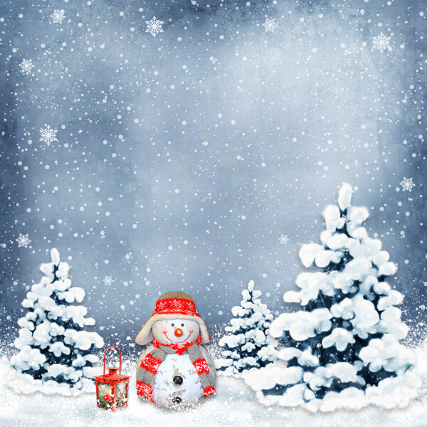 雪地上的圣诞树和雪人图片