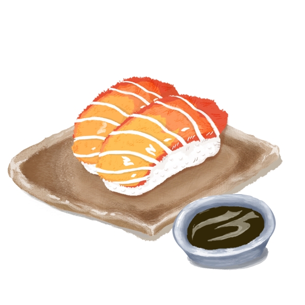 清新日式三文鱼寿司和蓝碟酱油手绘元素