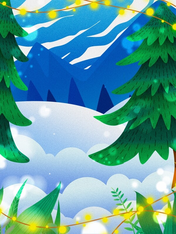 手绘圣诞树蓝色山峰背景素材