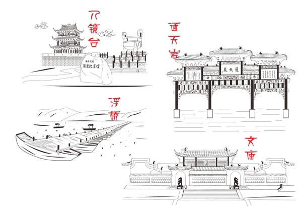 赣州八镜台文庙浮桥通天岩线稿图片
