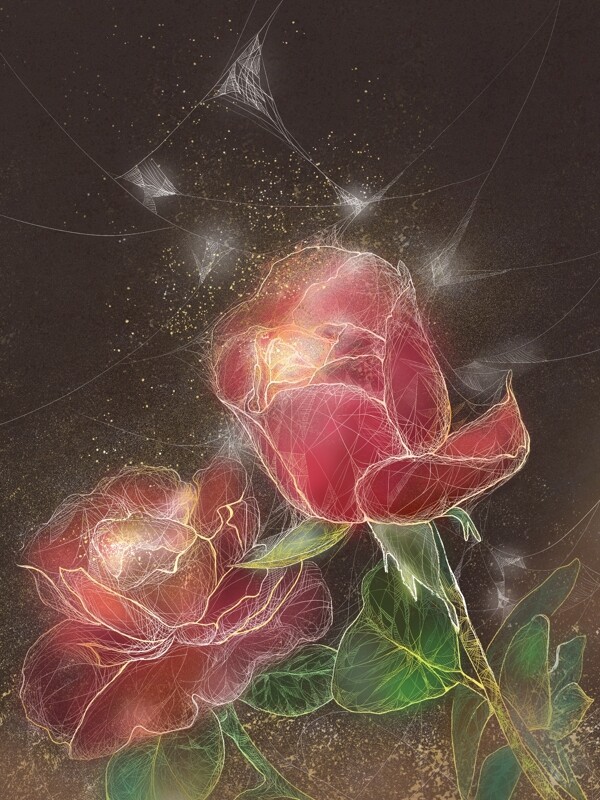 植物复古风玫瑰花独特透明感插画