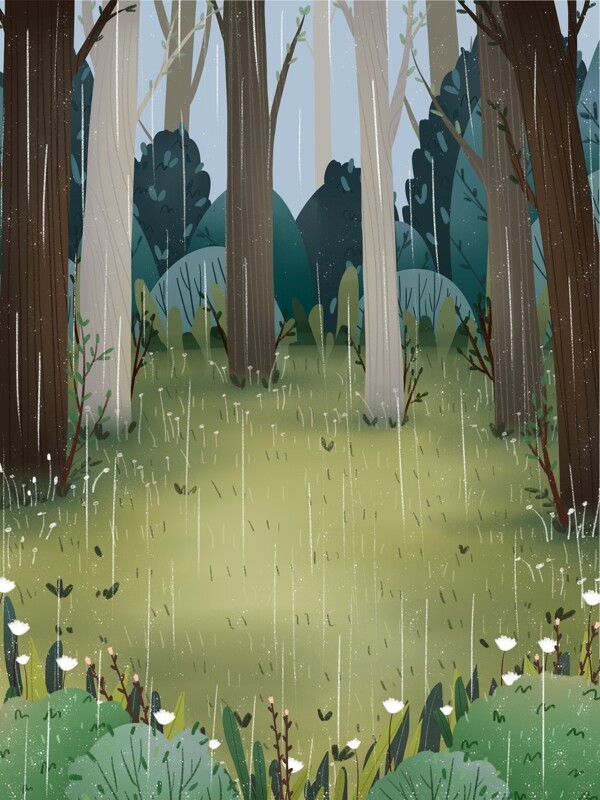 雨季彩绘春季树林背景设计