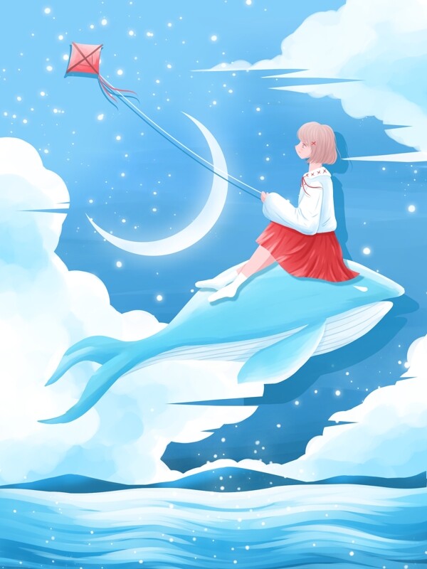 治愈系插画鲸鱼与女孩鲸鱼上放风筝的女孩