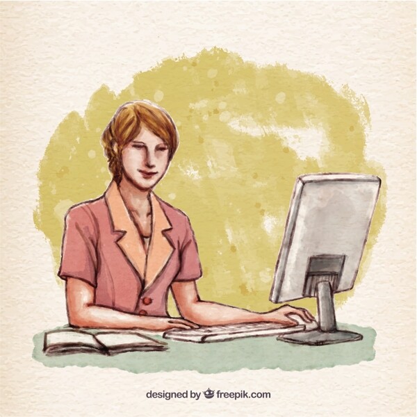 手工彩绘的女人在她的电脑上工作