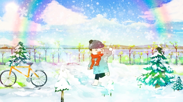 唯美清新冬季雪景创意冬日私语男孩玩耍插画