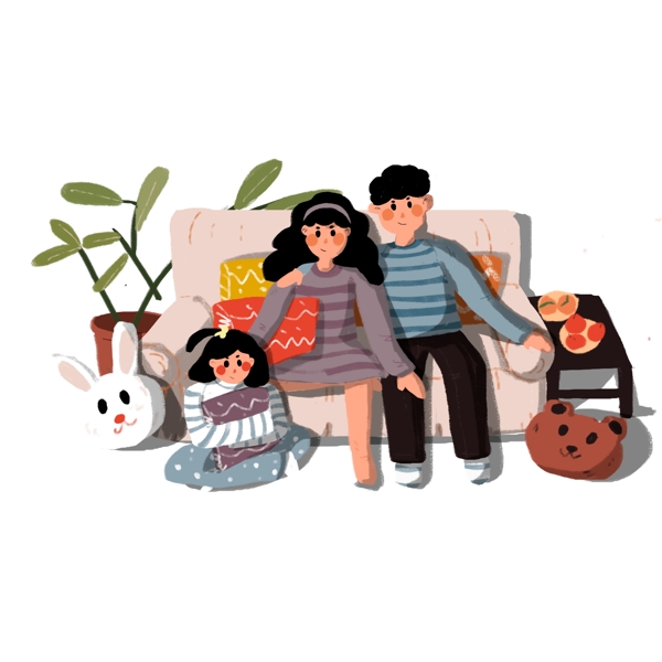 卡通小清新沙发上的一家人