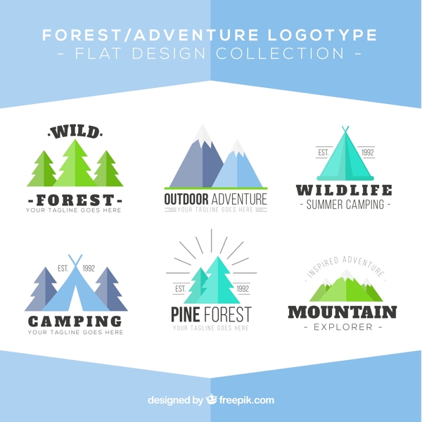 6款扁平化森林与野外探险标志矢量图