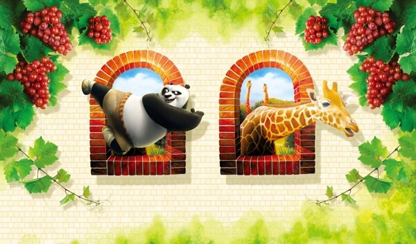 3D动物熊猫长颈鹿葡萄园背景墙