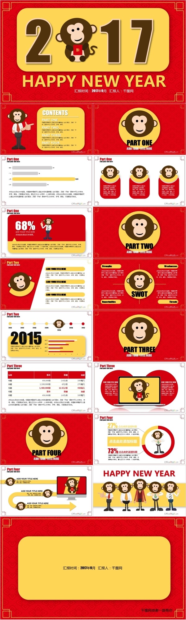 新年模板卡通猴子活泼黄红PPT模板