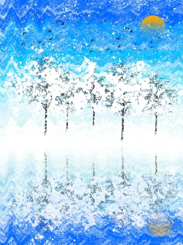 北欧手绘水彩雪花树林小岛装饰画