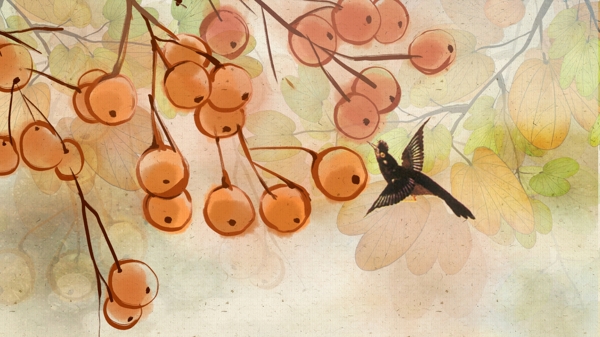 白露节气水墨风成熟的野果与小鸟
