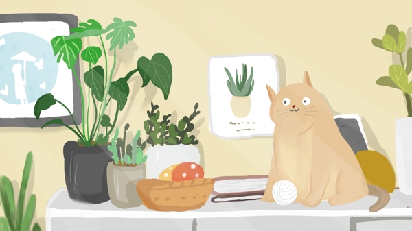 小猫与植物清新可爱插画