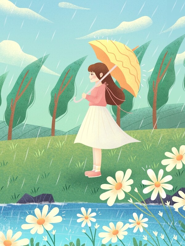 小清新插画春天你好雨中的少女背景设计