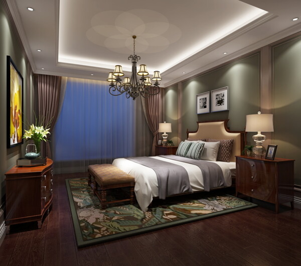 美式清新卧室墨绿色花纹地毯室内装修效果图